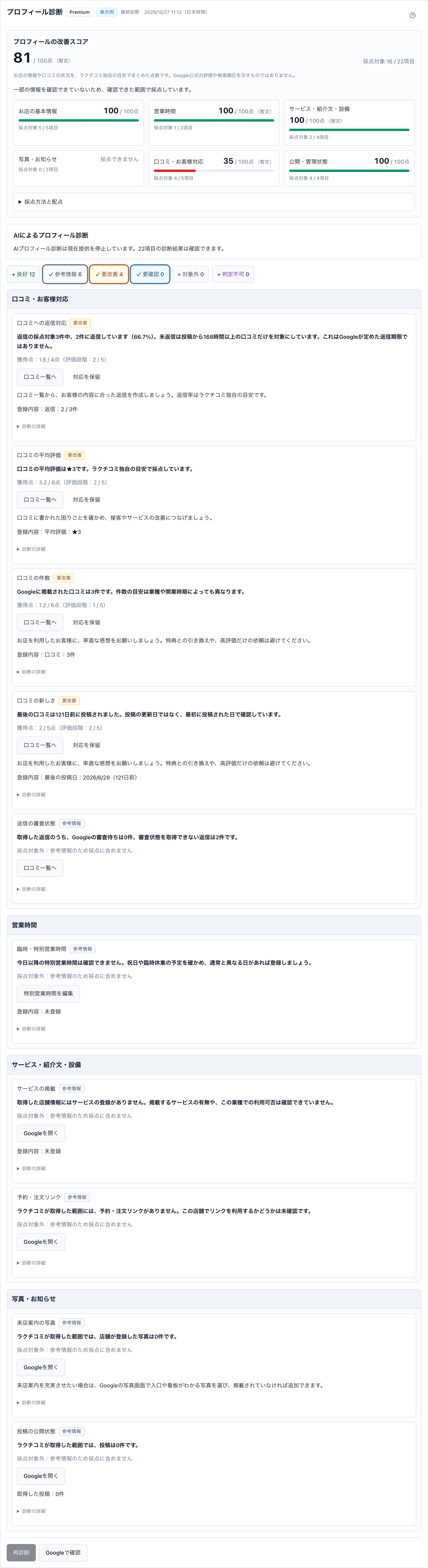 PC版のプロフィール診断全体。総合得点、6分野の状態、絞り込み、口コミ対応・営業時間・サービス・写真などの参考情報10項目を表示