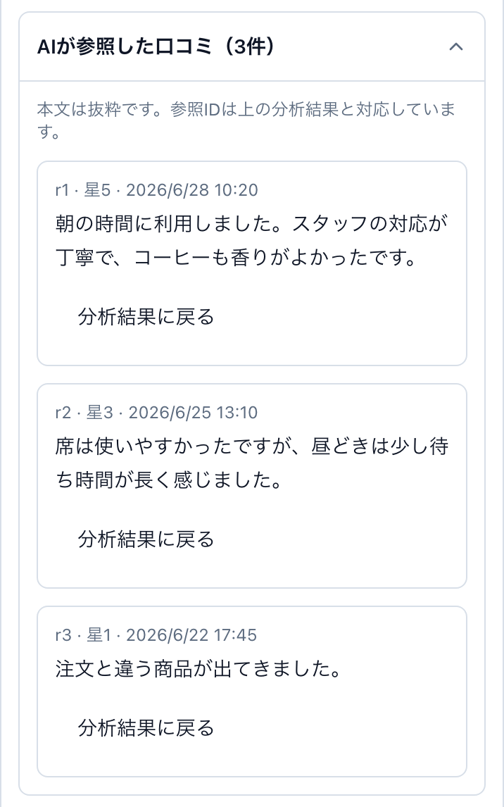 開いた『AIが参照した口コミ（3件）』の一覧。評価、日時、本文の抜粋を表示
