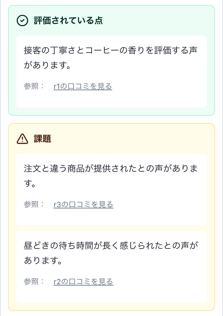緑の枠に接客とコーヒーへの好評、琥珀色の枠に注文の取り違えと待ち時間の指摘